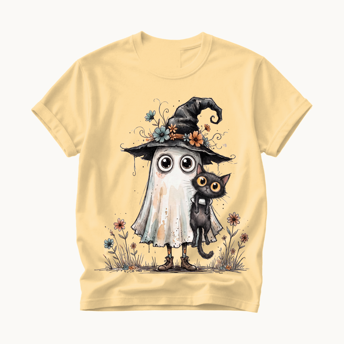 Ghost and Black Cat Shirt | Cute Halloween T-Shirt Women | Witchy Whimsical Tee