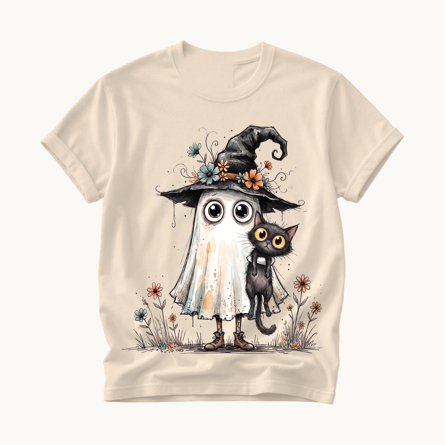 Ghost and Black Cat Shirt | Cute Halloween T-Shirt Women | Witchy Whimsical Tee