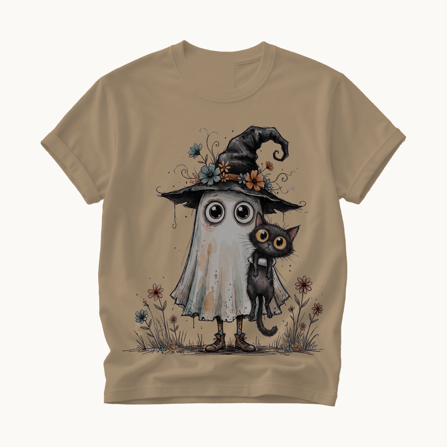 Ghost and Black Cat Shirt | Cute Halloween T-Shirt Women | Witchy Whimsical Tee