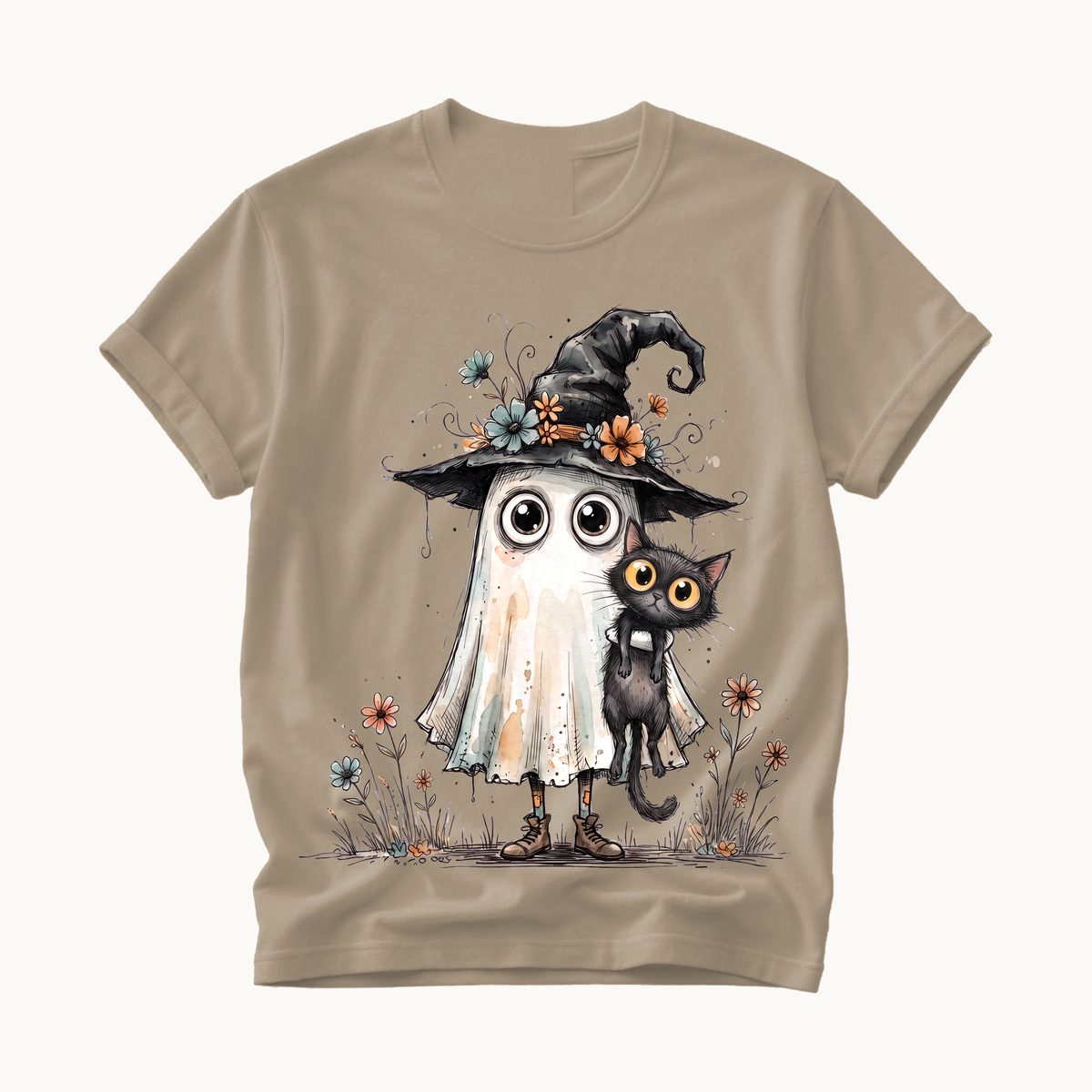 Ghost and Black Cat Shirt | Cute Halloween T-Shirt Women | Witchy Whimsical Tee