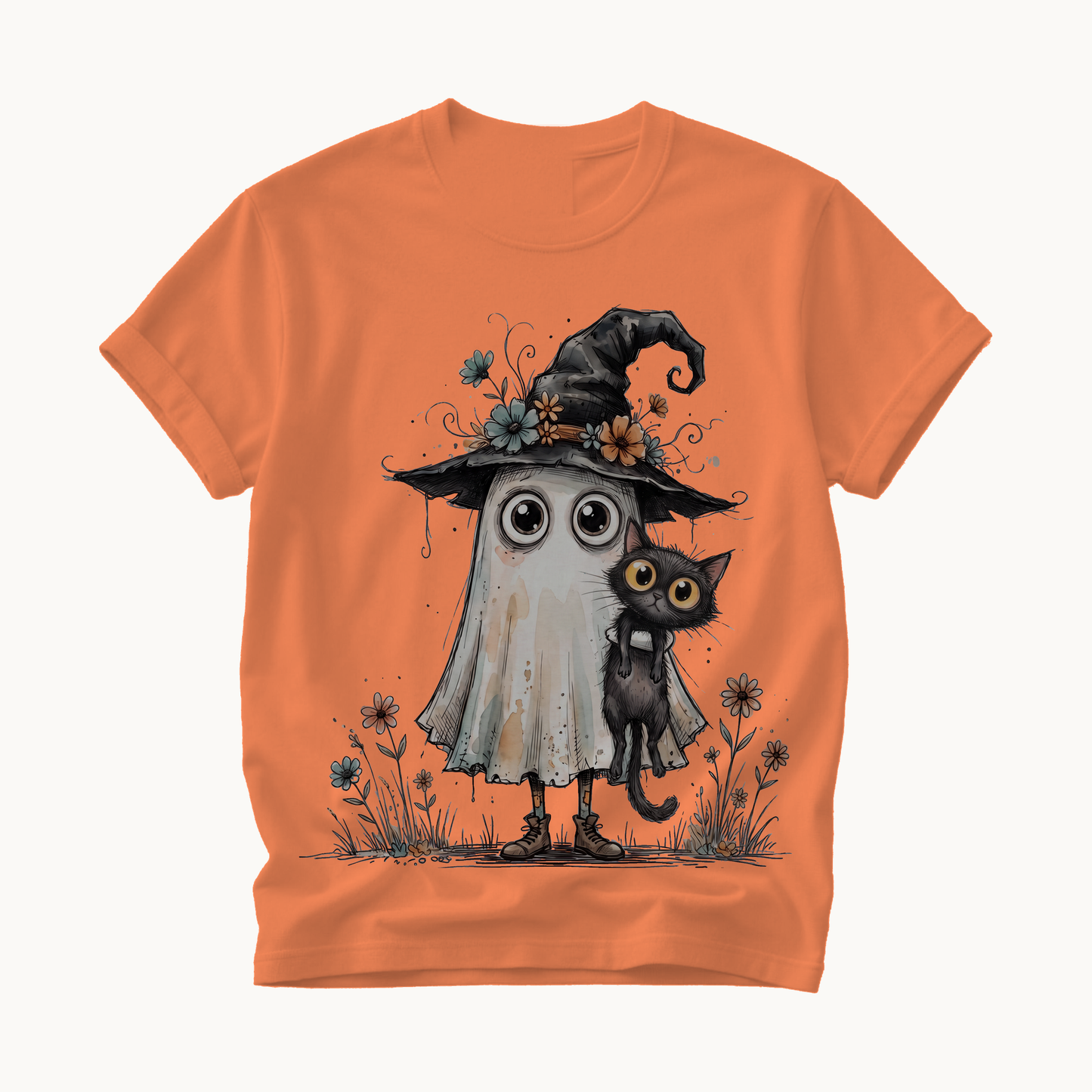 Ghost and Black Cat Shirt | Cute Halloween T-Shirt Women | Witchy Whimsical Tee