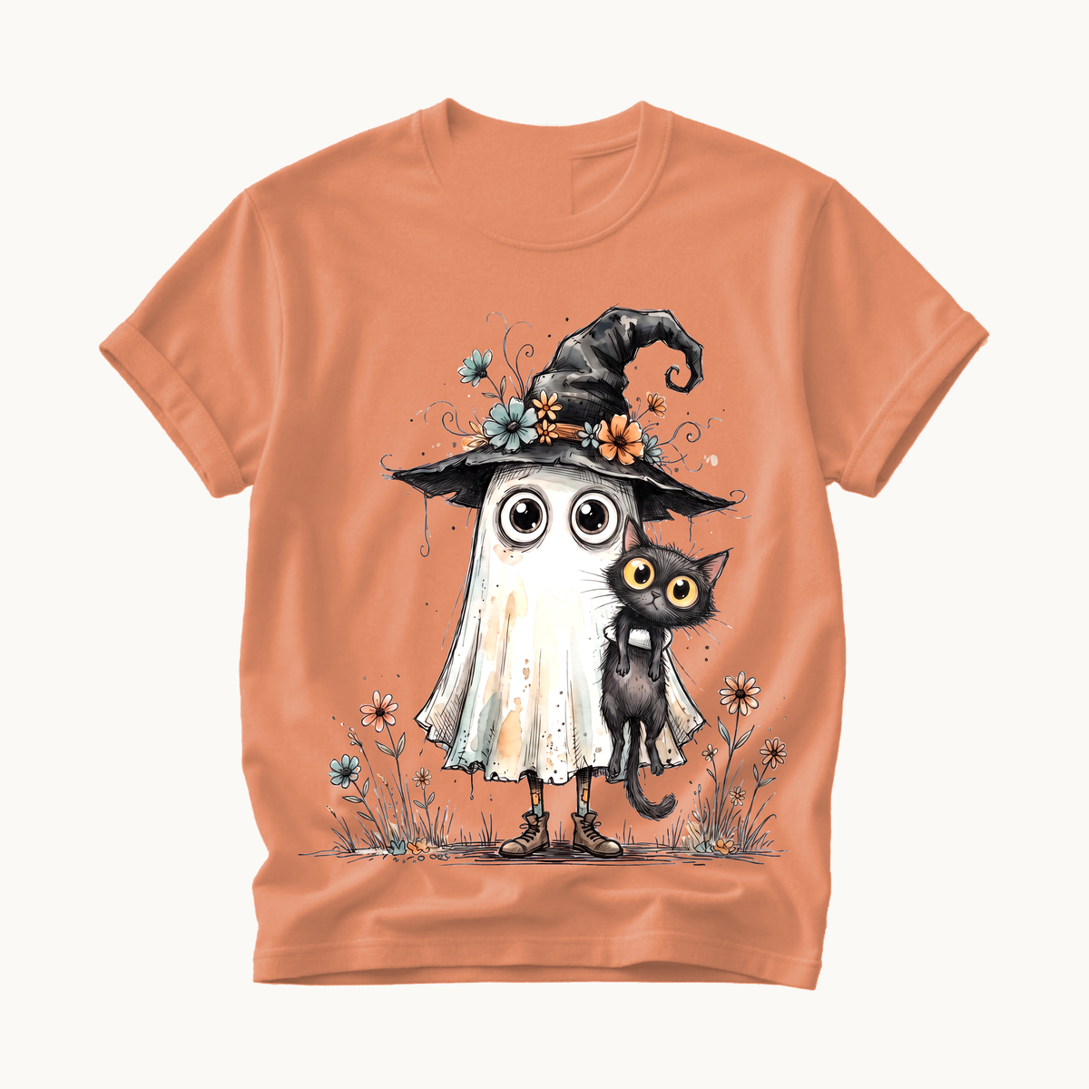 Ghost and Black Cat Shirt | Cute Halloween T-Shirt Women | Witchy Whimsical Tee
