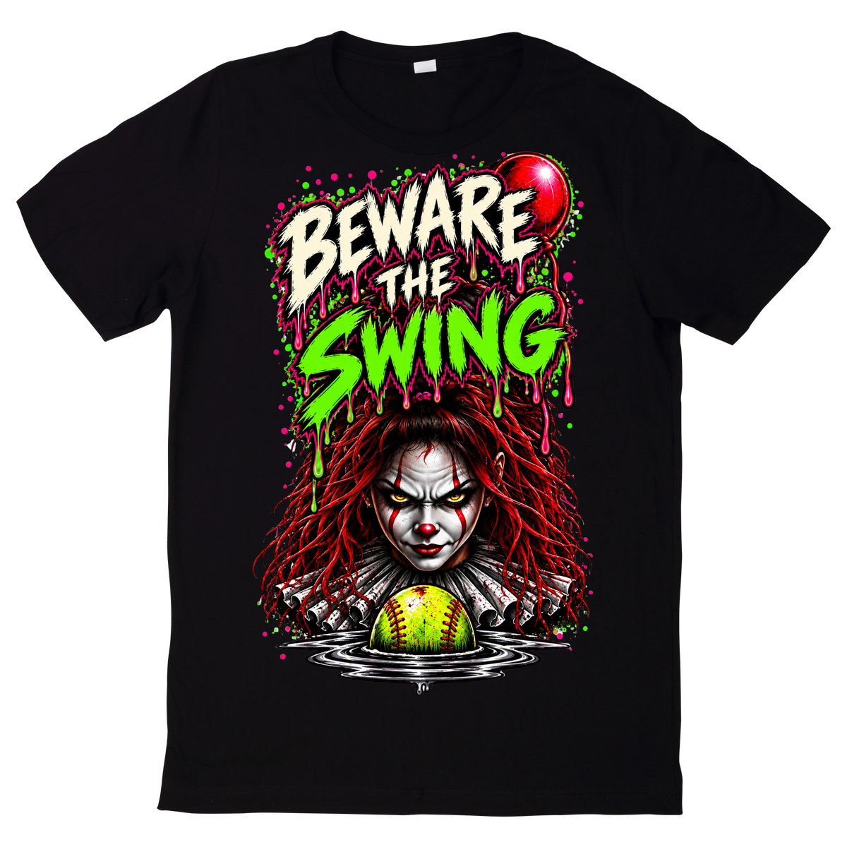 Front of the black Swing 10U Halloween family tee, Beware the Swing