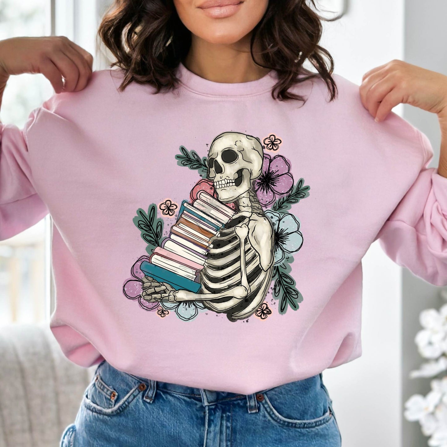 Floral Skeleton Book Stack Pullover