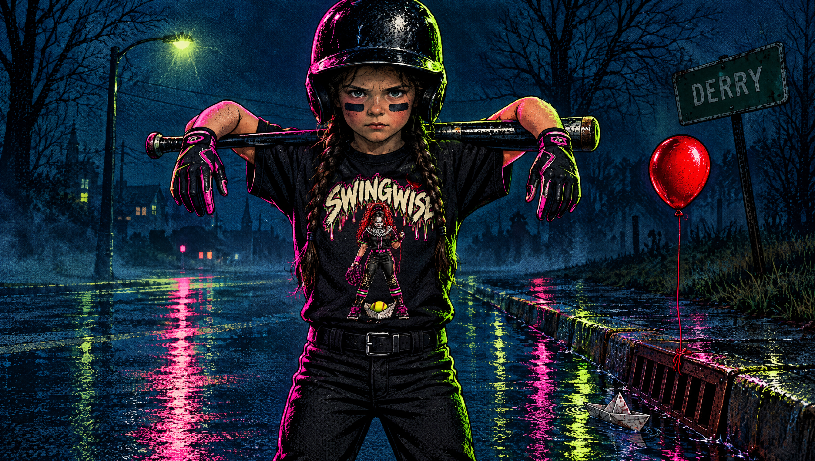 Illustrated softball player in the Swingwise shirt, bat across her shoulders, on a rainy Derry street with a single red balloon tied to a storm drain and a paper boat in the gutter