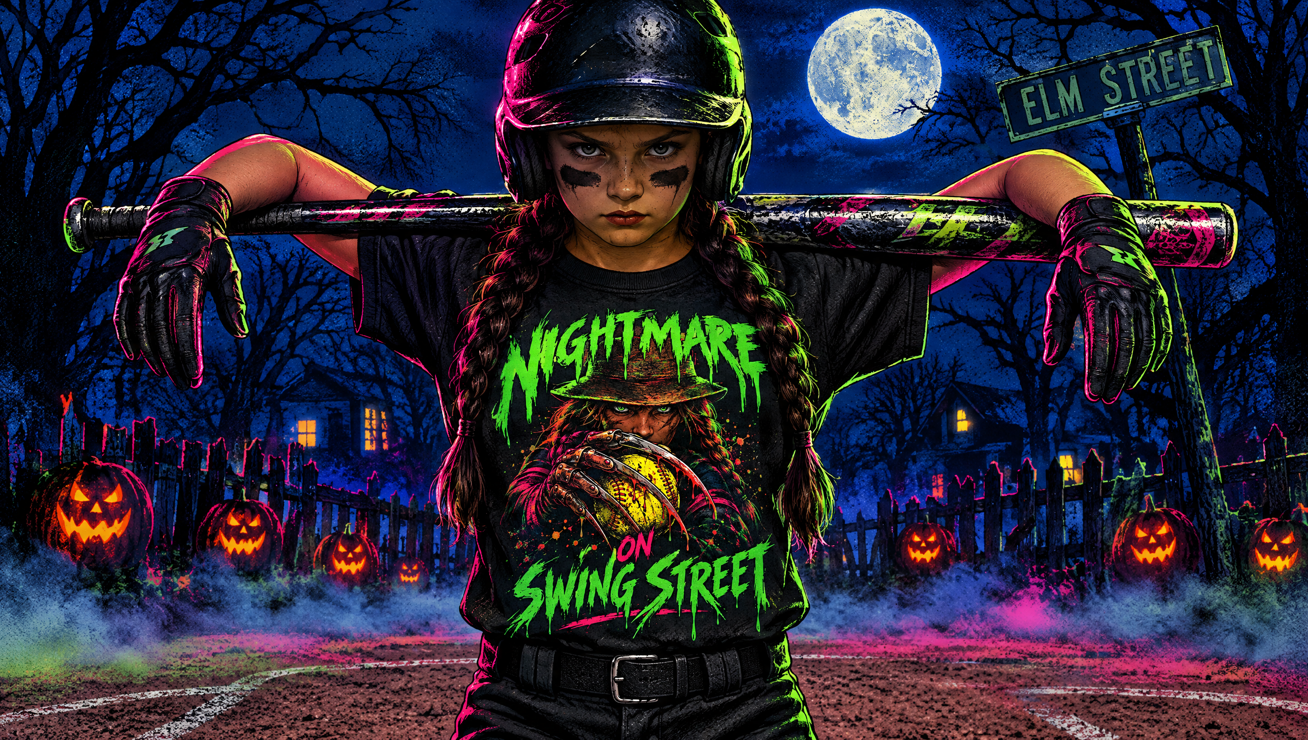 Illustrated softball player in the Nightmare on Swing Street shirt, bat across her shoulders, on a foggy Halloween ballfield with an Elm Street sign
