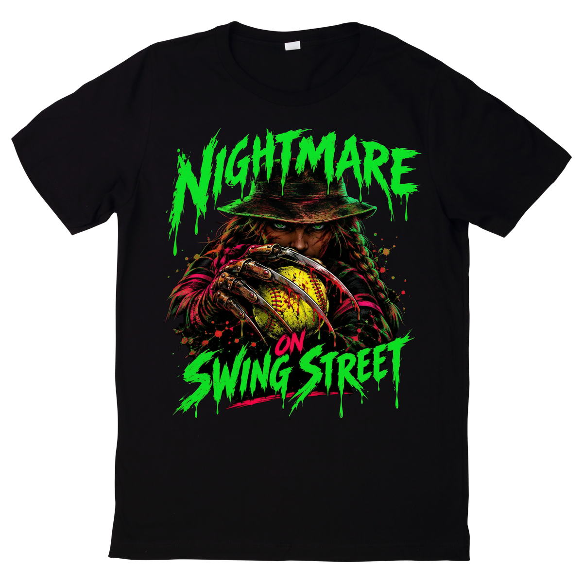 Front of the black Swing 12U Halloween tee, Nightmare on Swing Street design