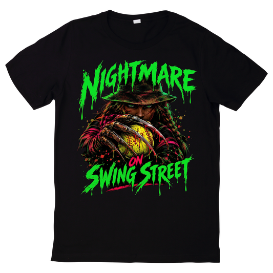 Front of the black Swing 12U Halloween tee, Nightmare on Swing Street design