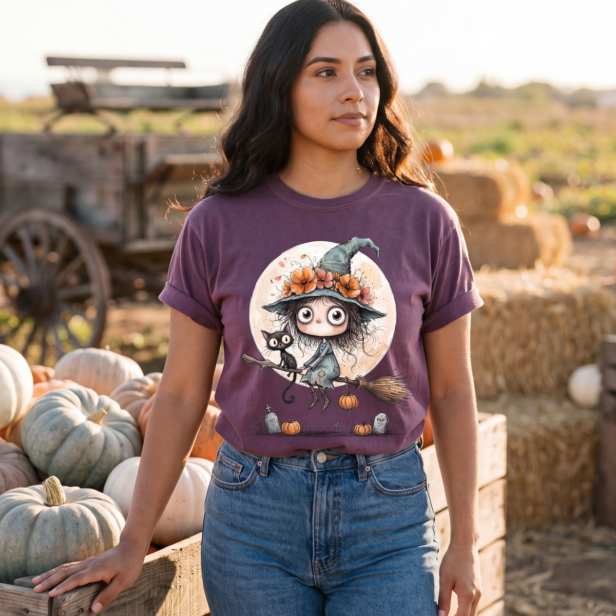 Witch on Broom Shirt | Full Moon Halloween T-Shirt Women | Whimsical Witch and Cat Tee