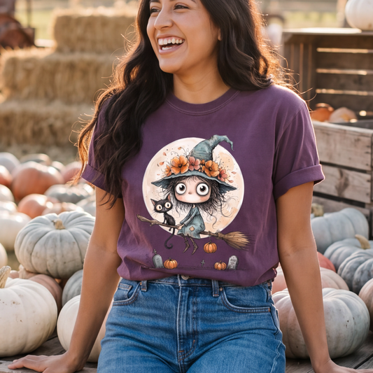 Witch on Broom Shirt | Full Moon Halloween T-Shirt Women | Whimsical Witch and Cat Tee
