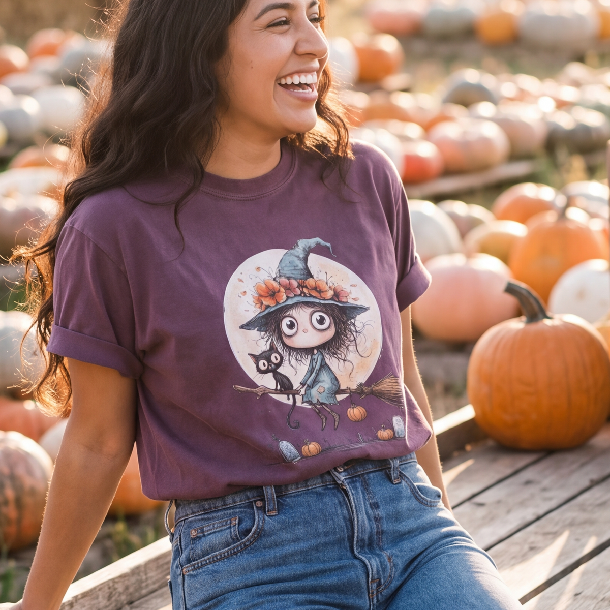 Witch on Broom Shirt | Full Moon Halloween T-Shirt Women | Whimsical Witch and Cat Tee