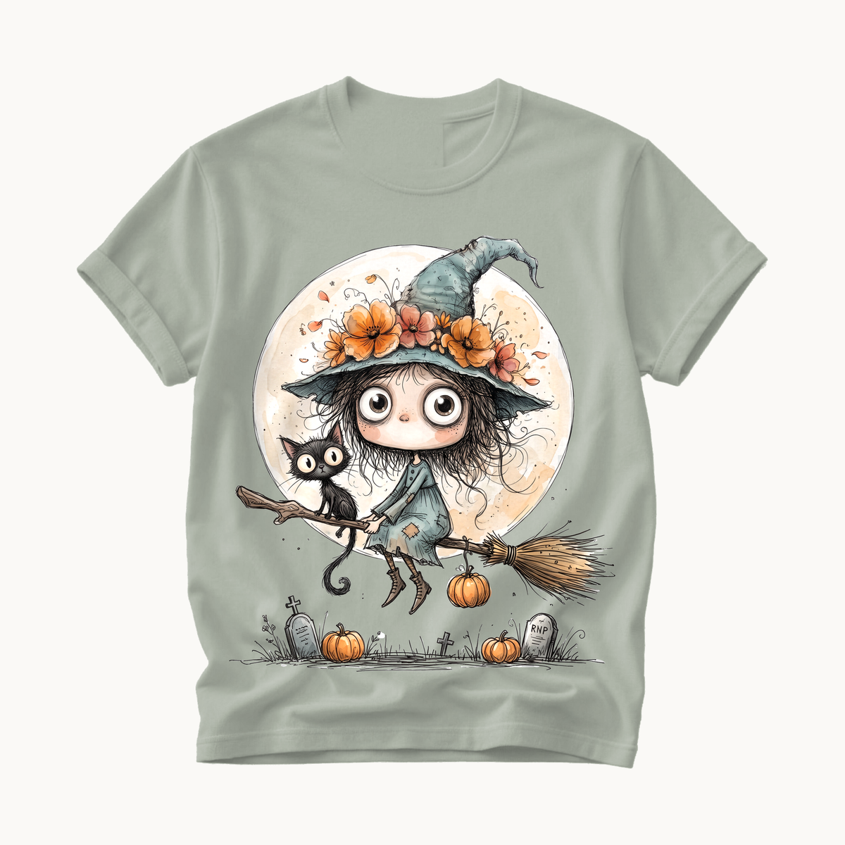 Witch on Broom Shirt | Full Moon Halloween T-Shirt Women | Whimsical Witch and Cat Tee