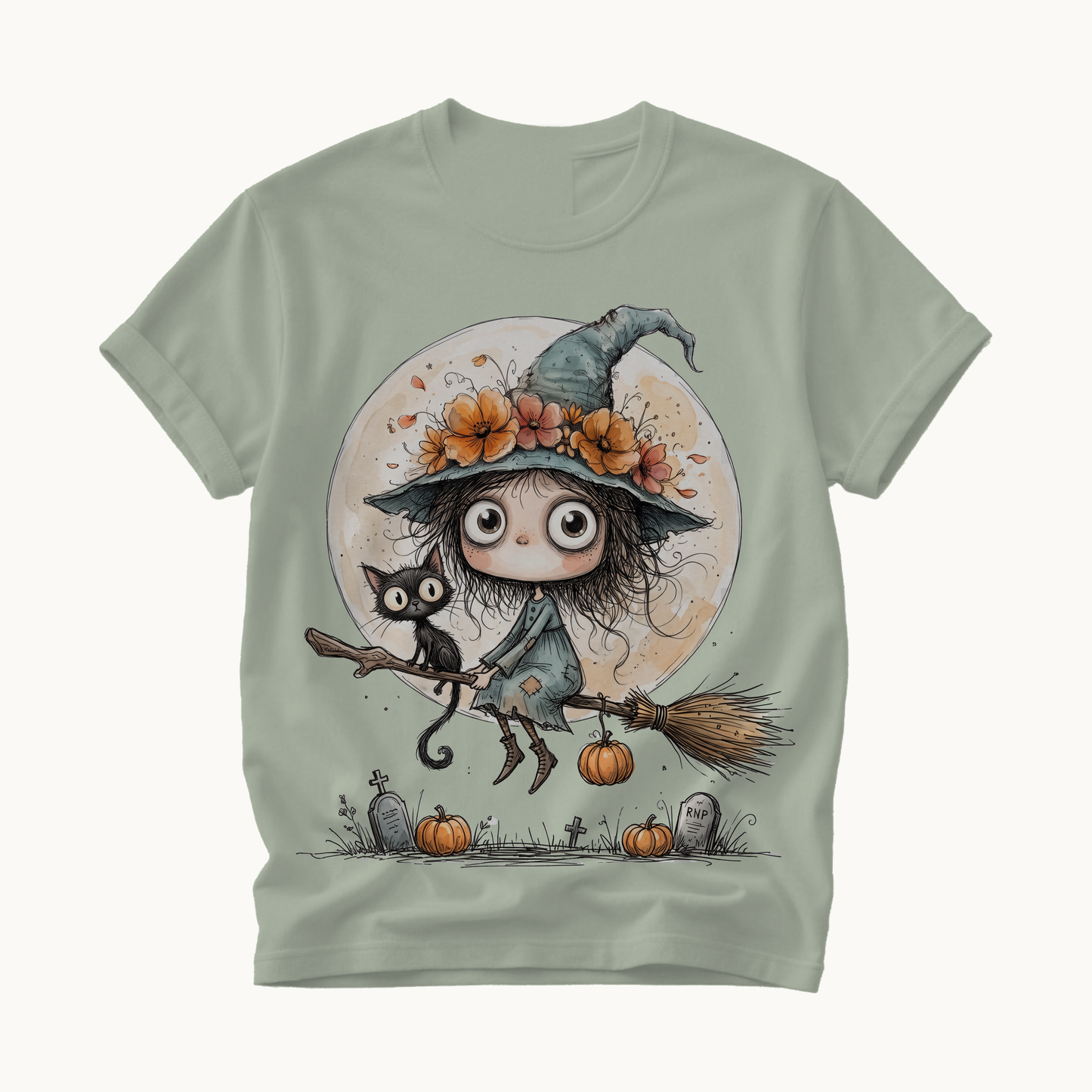 Witch on Broom Shirt | Full Moon Halloween T-Shirt Women | Whimsical Witch and Cat Tee