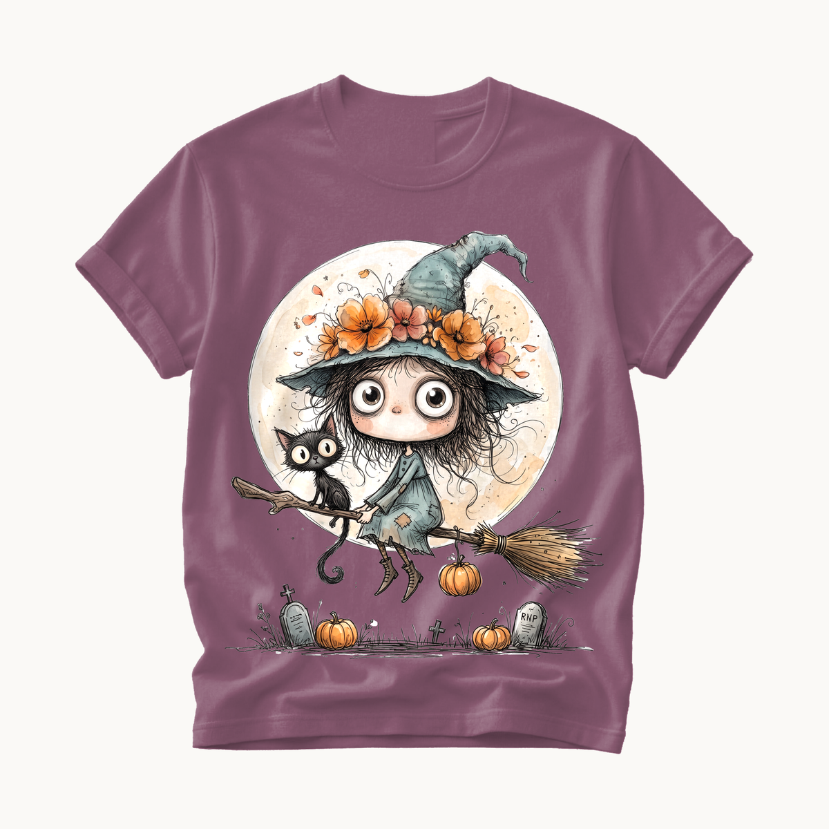 Witch on Broom Shirt | Full Moon Halloween T-Shirt Women | Whimsical Witch and Cat Tee