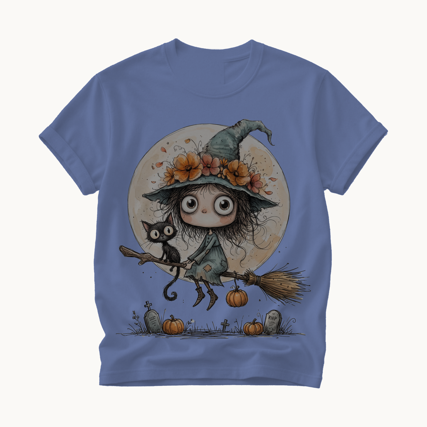 Witch on Broom Shirt | Full Moon Halloween T-Shirt Women | Whimsical Witch and Cat Tee