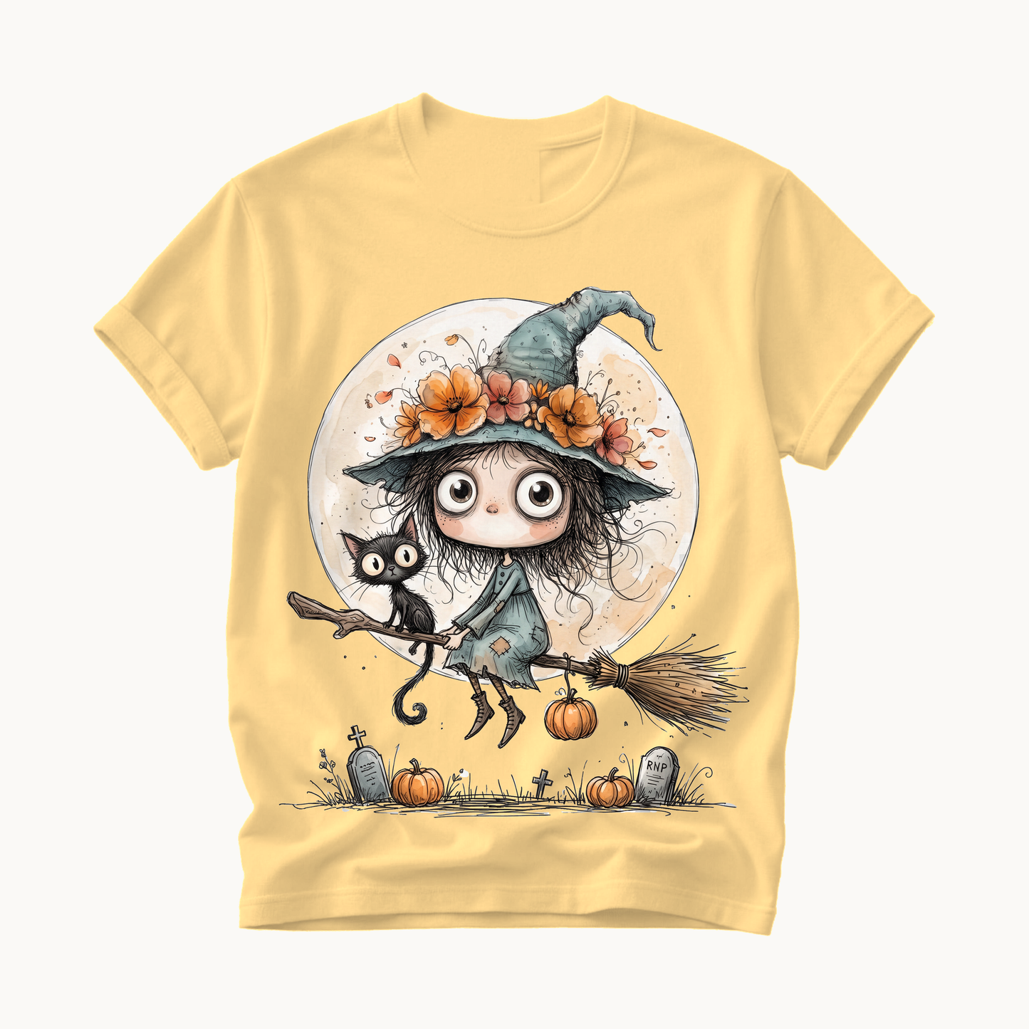 Witch on Broom Shirt | Full Moon Halloween T-Shirt Women | Whimsical Witch and Cat Tee
