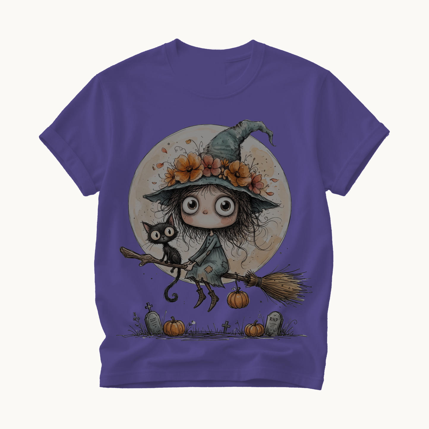 Witch on Broom Shirt | Full Moon Halloween T-Shirt Women | Whimsical Witch and Cat Tee
