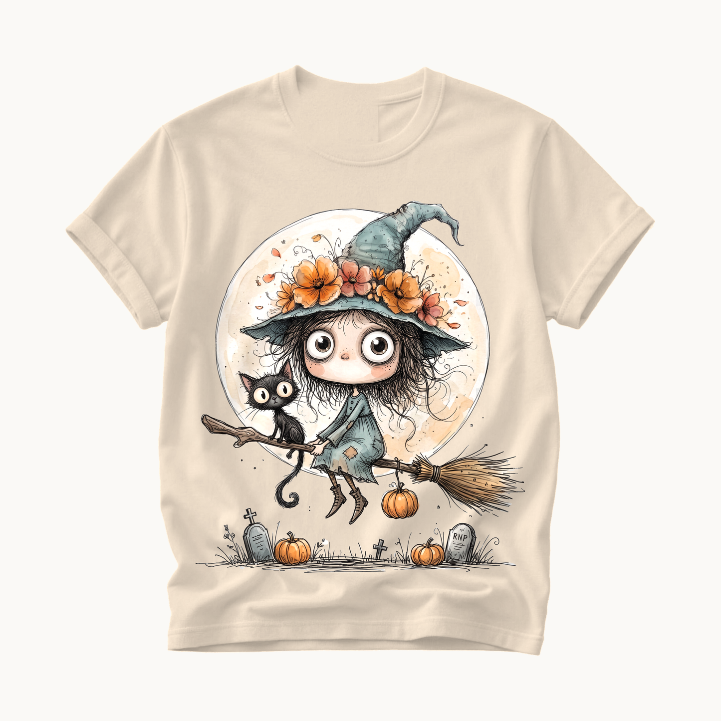 Witch on Broom Shirt | Full Moon Halloween T-Shirt Women | Whimsical Witch and Cat Tee