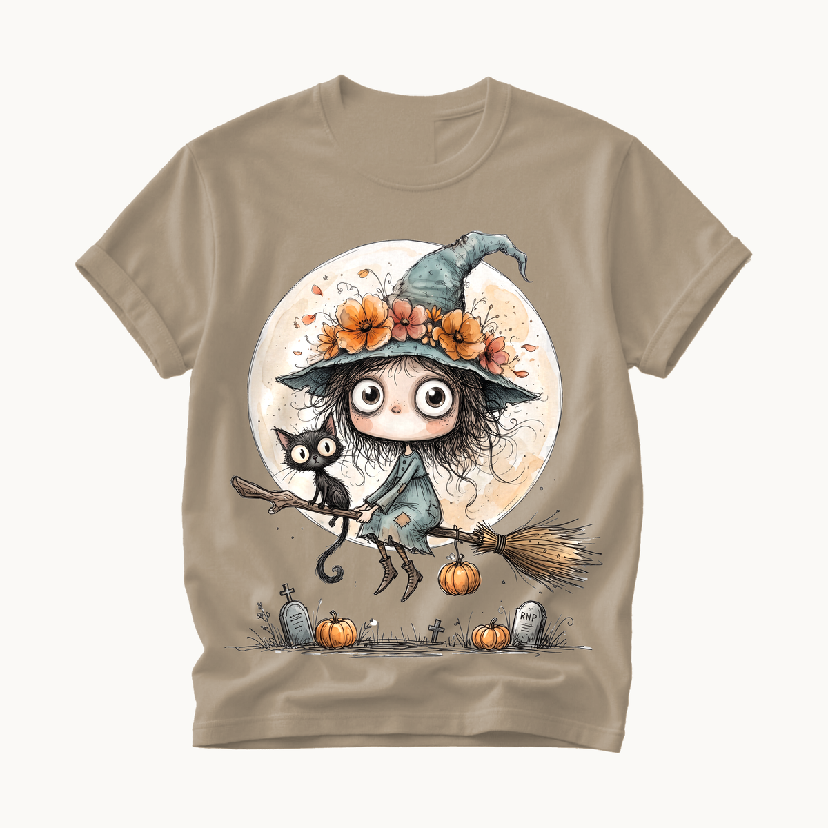 Witch on Broom Shirt | Full Moon Halloween T-Shirt Women | Whimsical Witch and Cat Tee