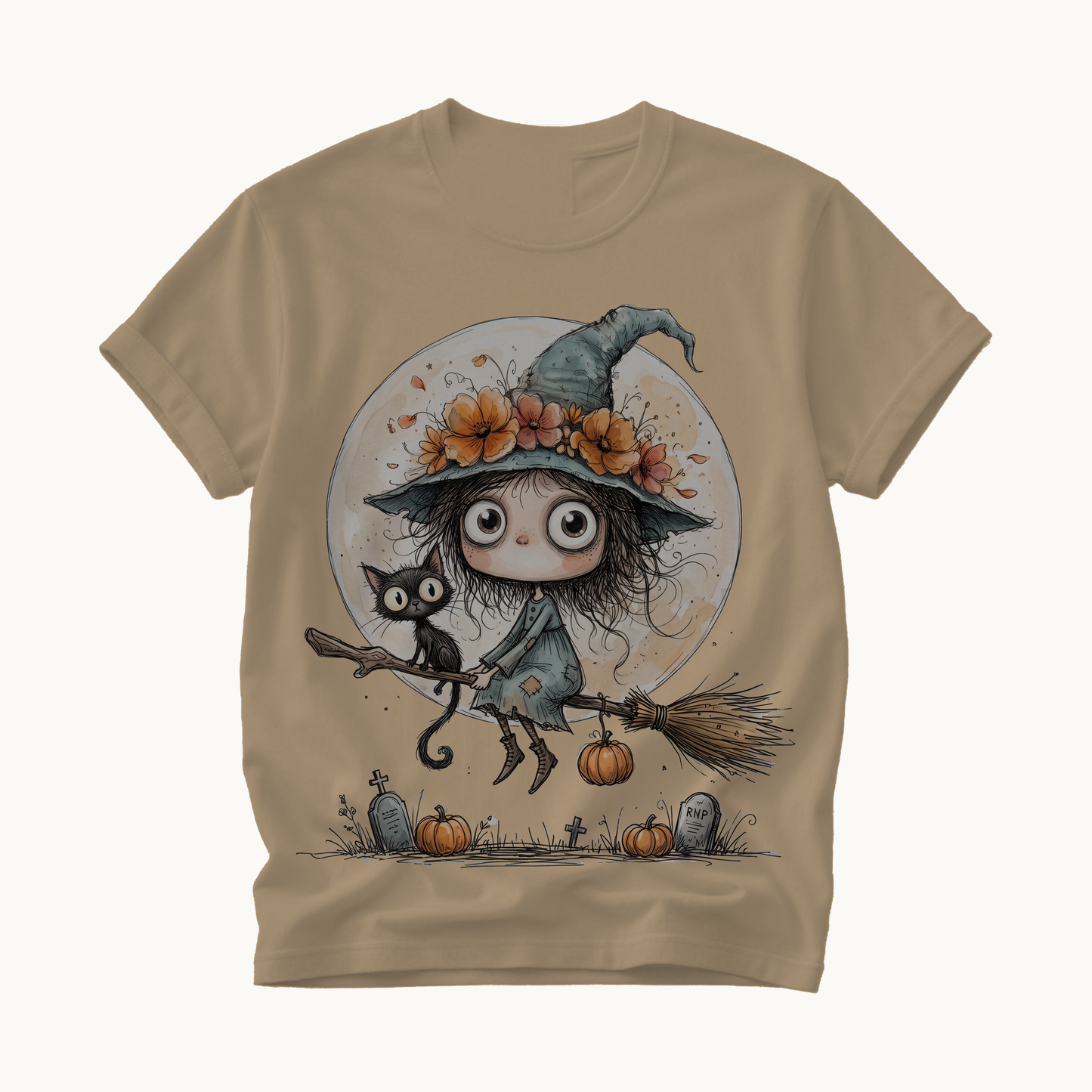 Witch on Broom Shirt | Full Moon Halloween T-Shirt Women | Whimsical Witch and Cat Tee