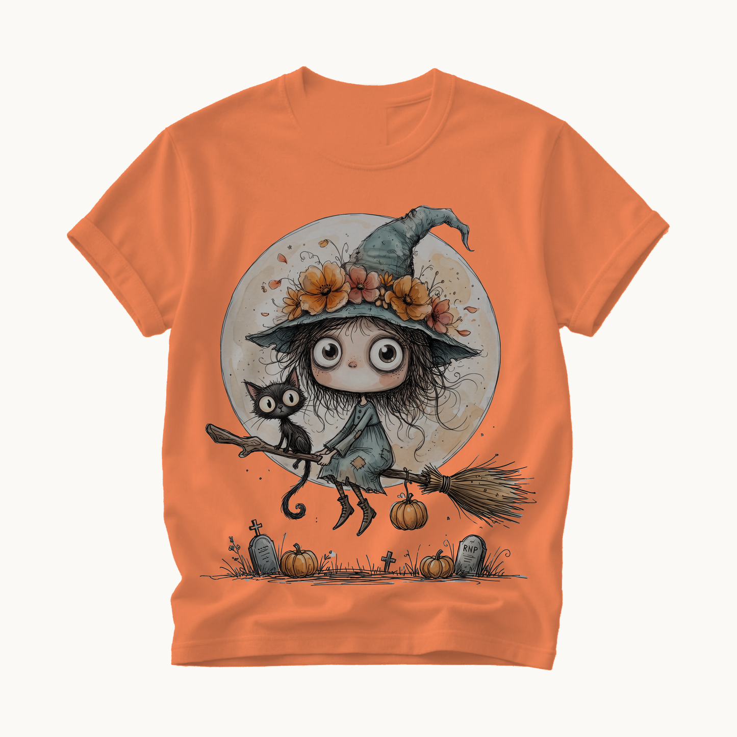 Witch on Broom Shirt | Full Moon Halloween T-Shirt Women | Whimsical Witch and Cat Tee