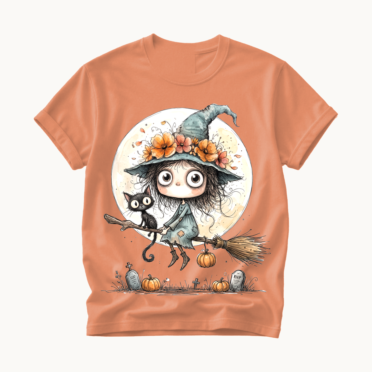 Witch on Broom Shirt | Full Moon Halloween T-Shirt Women | Whimsical Witch and Cat Tee