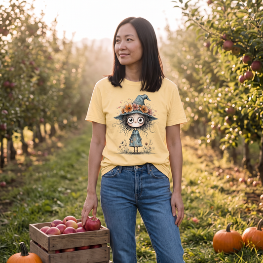 Cute Witch Shirt | Whimsical Halloween T-Shirt for Women | Little Witch Flower Hat Tee