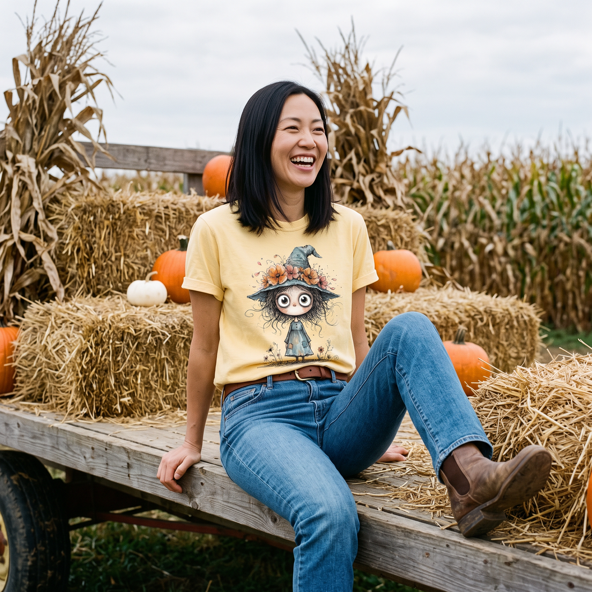 Cute Witch Shirt | Whimsical Halloween T-Shirt for Women | Little Witch Flower Hat Tee