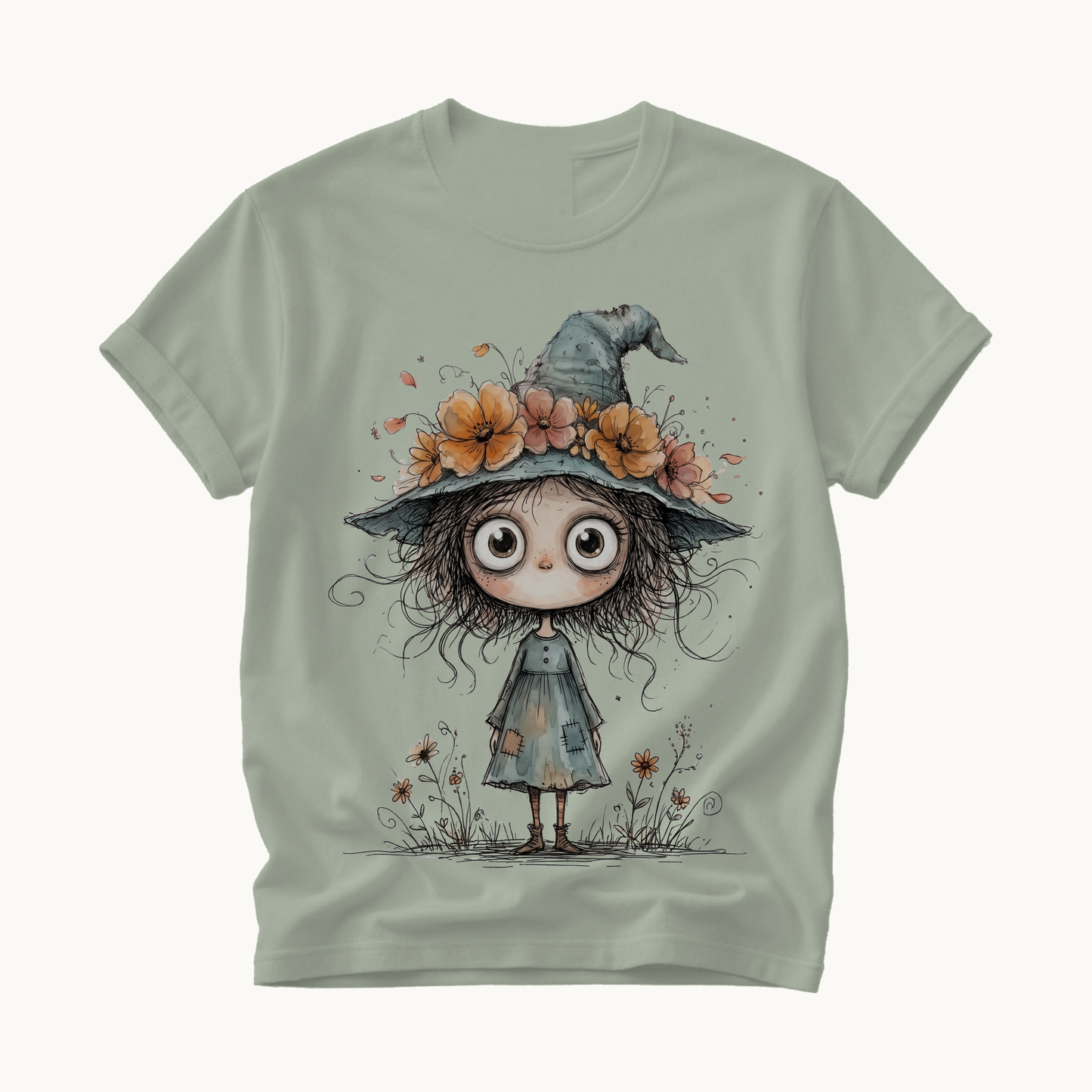 Cute Witch Shirt | Whimsical Halloween T-Shirt for Women | Little Witch Flower Hat Tee