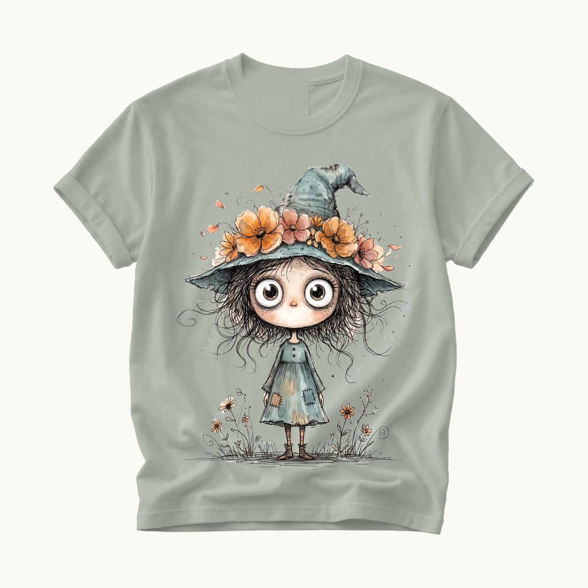Cute Witch Shirt | Whimsical Halloween T-Shirt for Women | Little Witch Flower Hat Tee