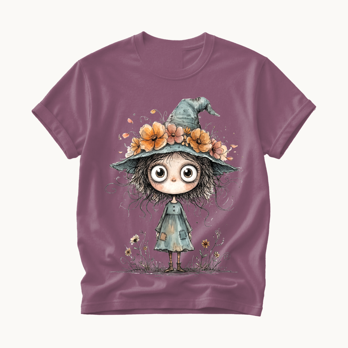 Cute Witch Shirt | Whimsical Halloween T-Shirt for Women | Little Witch Flower Hat Tee