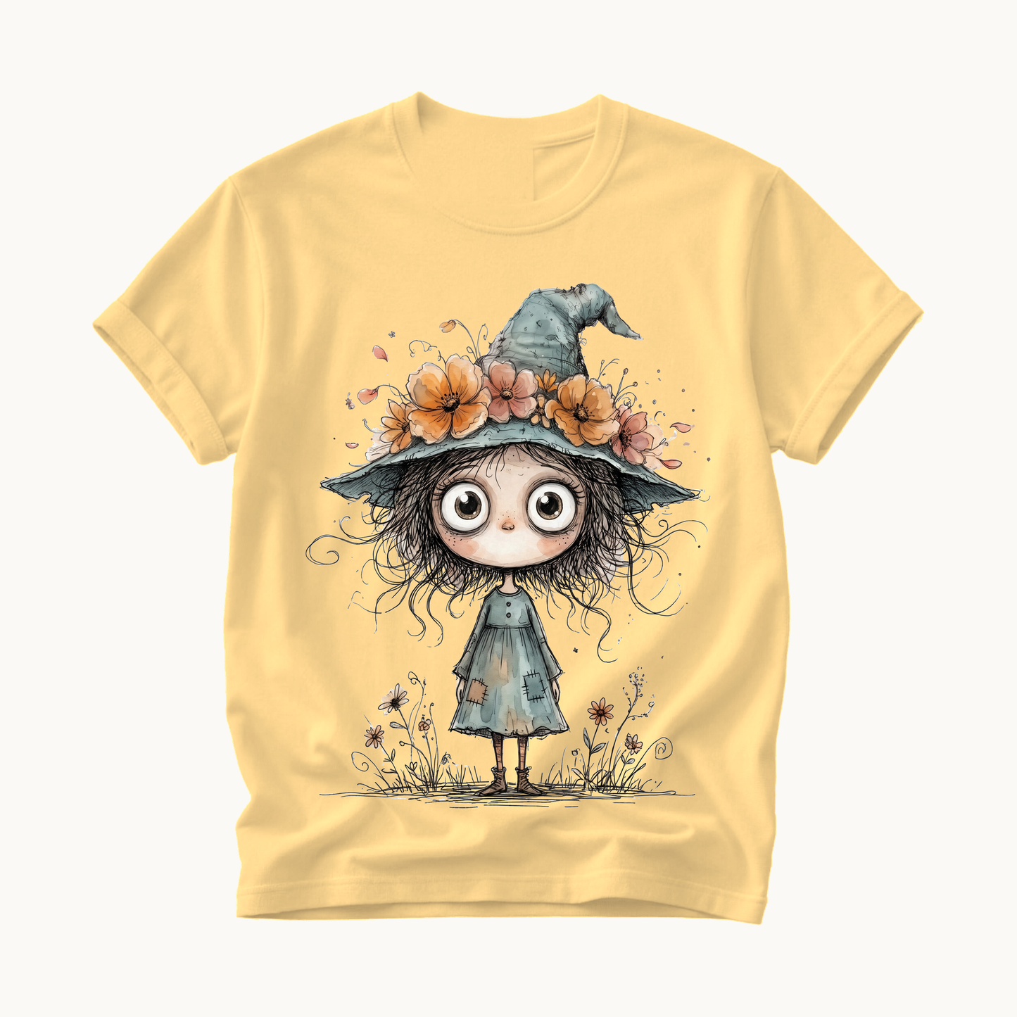 Cute Witch Shirt | Whimsical Halloween T-Shirt for Women | Little Witch Flower Hat Tee