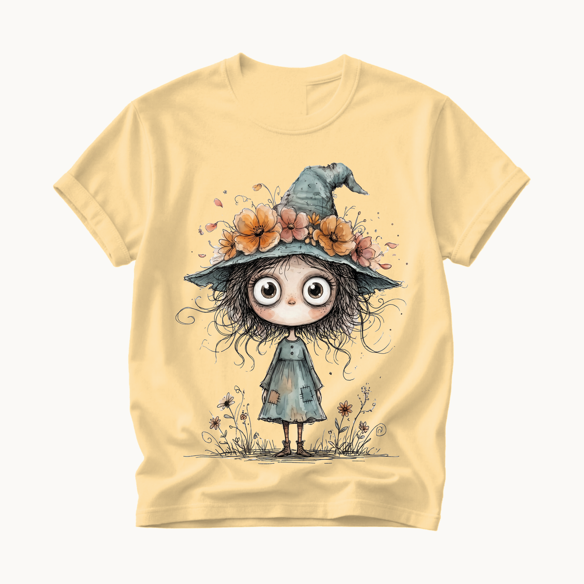 Cute Witch Shirt | Whimsical Halloween T-Shirt for Women | Little Witch Flower Hat Tee