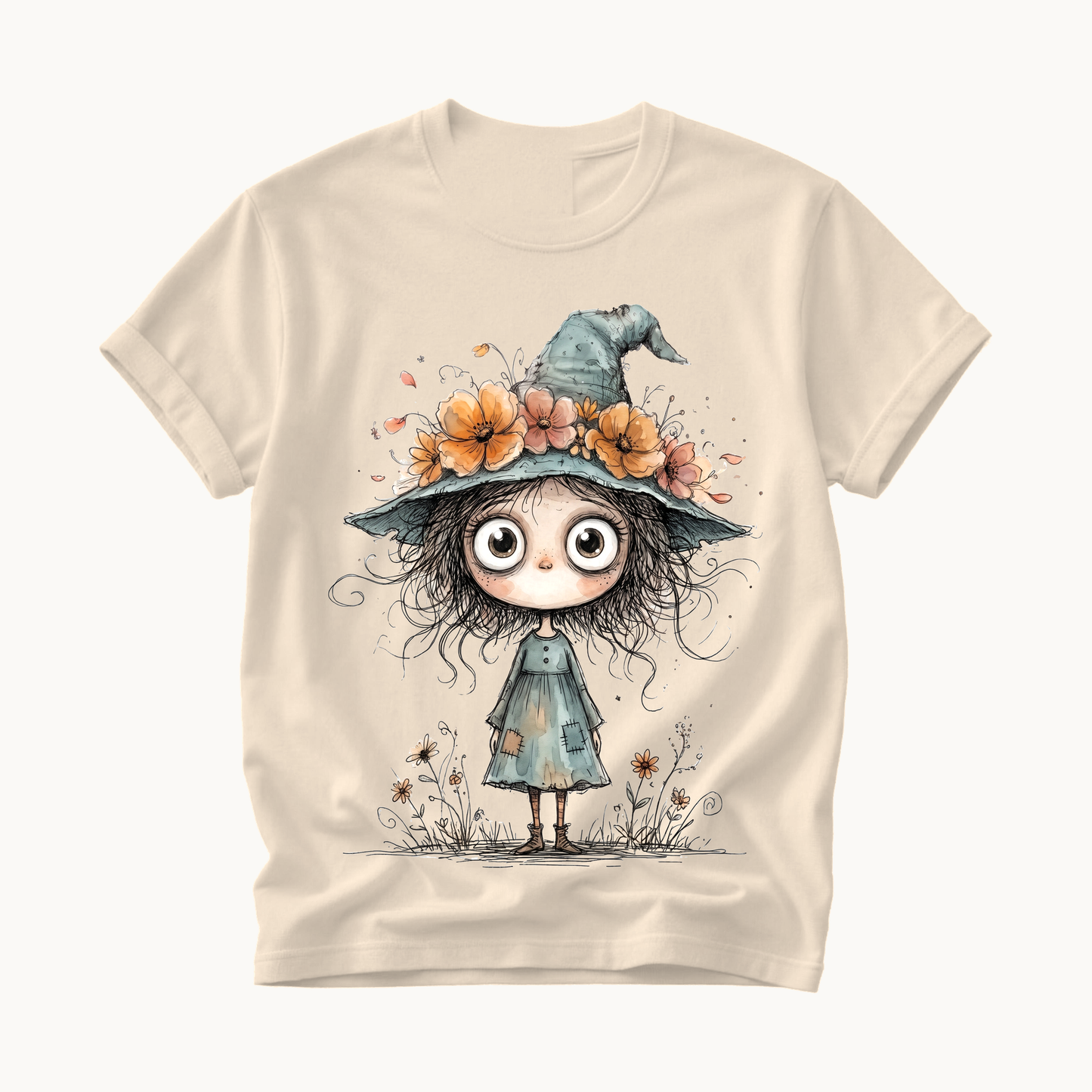 Cute Witch Shirt | Whimsical Halloween T-Shirt for Women | Little Witch Flower Hat Tee