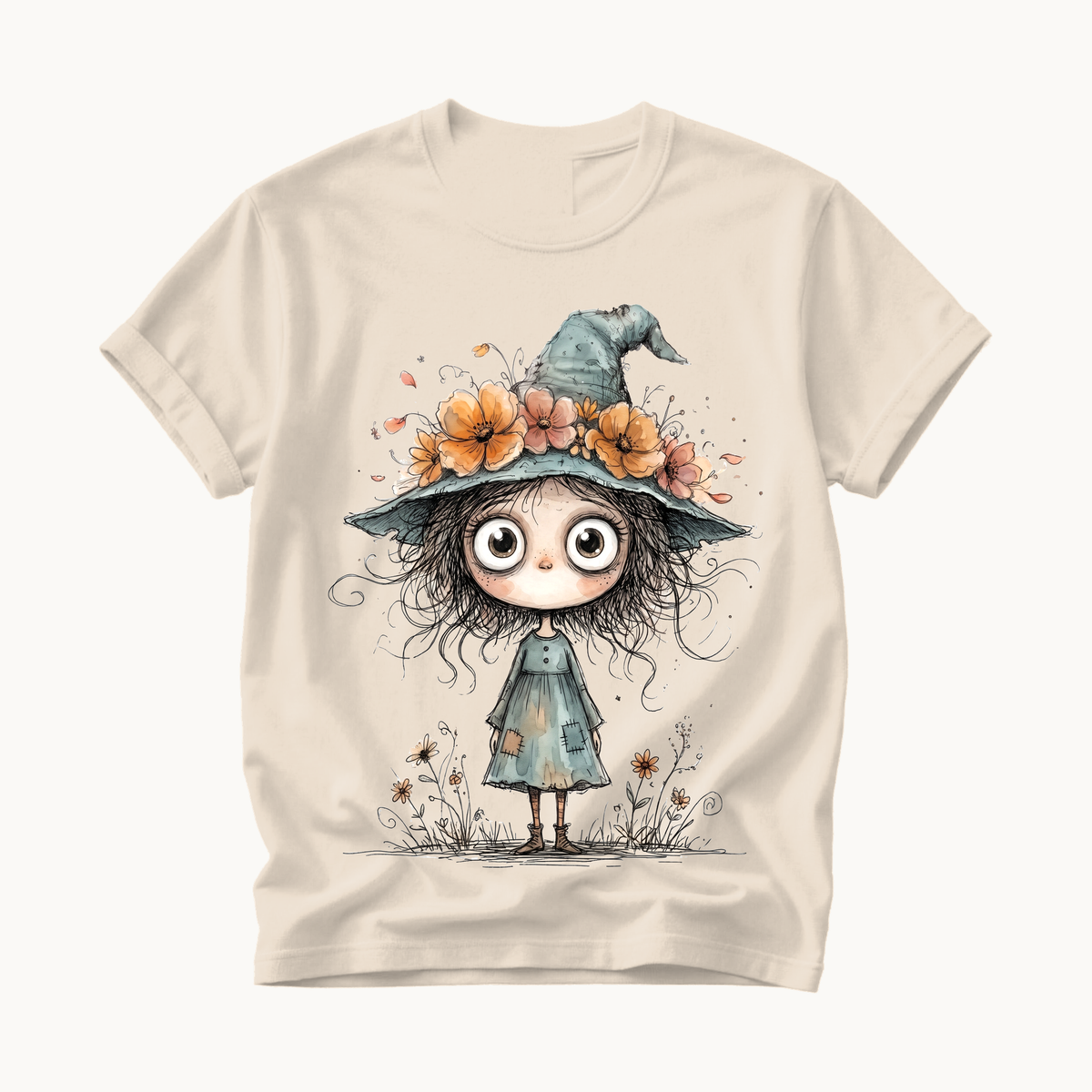 Cute Witch Shirt | Whimsical Halloween T-Shirt for Women | Little Witch Flower Hat Tee