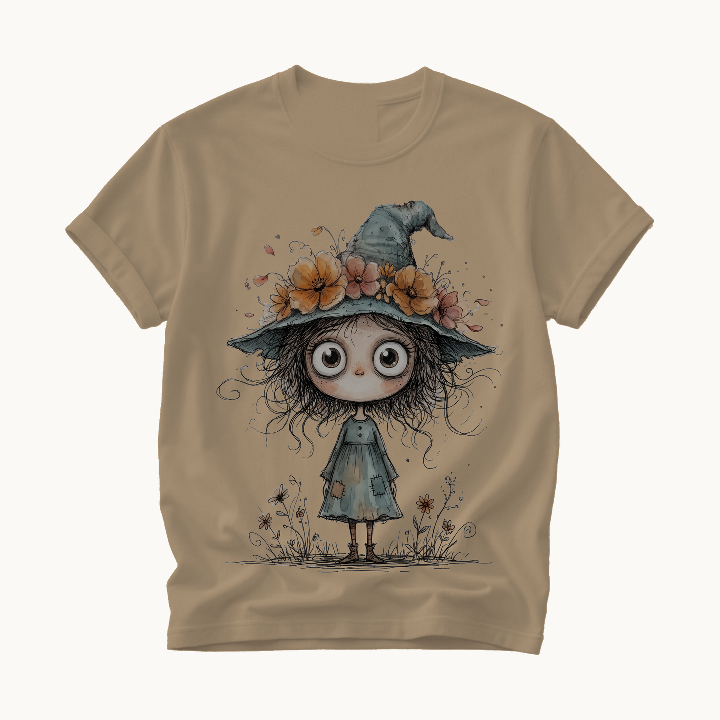 Cute Witch Shirt | Whimsical Halloween T-Shirt for Women | Little Witch Flower Hat Tee