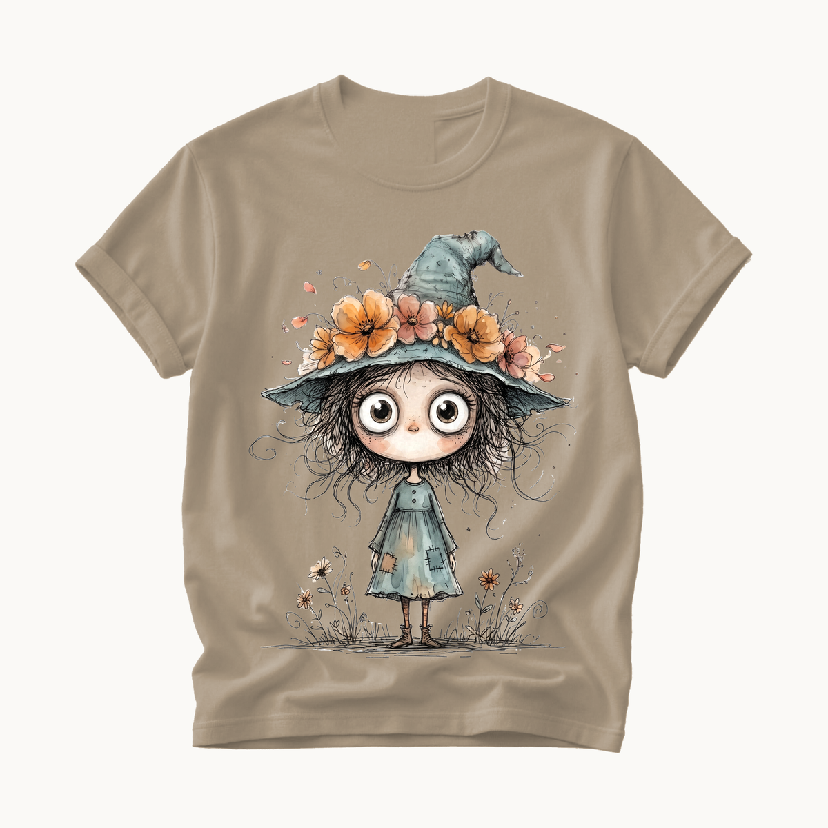 Cute Witch Shirt | Whimsical Halloween T-Shirt for Women | Little Witch Flower Hat Tee