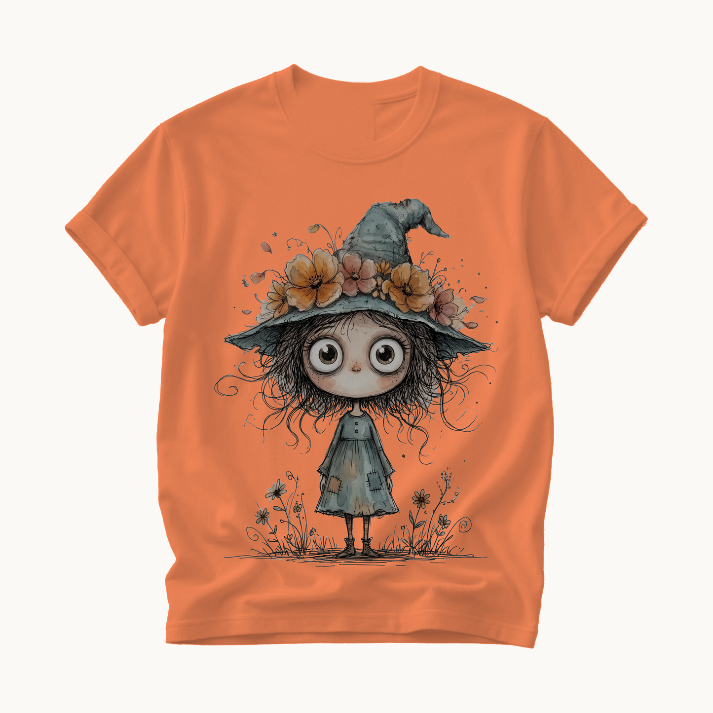 Cute Witch Shirt | Whimsical Halloween T-Shirt for Women | Little Witch Flower Hat Tee