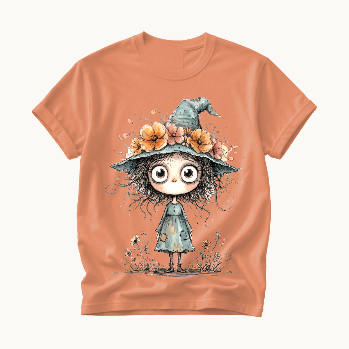 Cute Witch Shirt | Whimsical Halloween T-Shirt for Women | Little Witch Flower Hat Tee